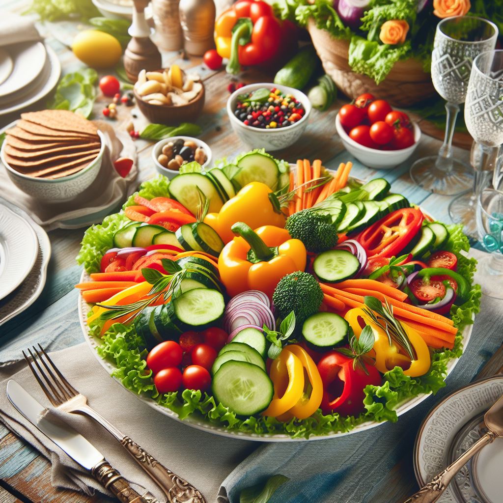 A plate of colorful vegetables that have been prepped for snacking, on a table that's set for an elegant meal. Including other dishes and utensils.