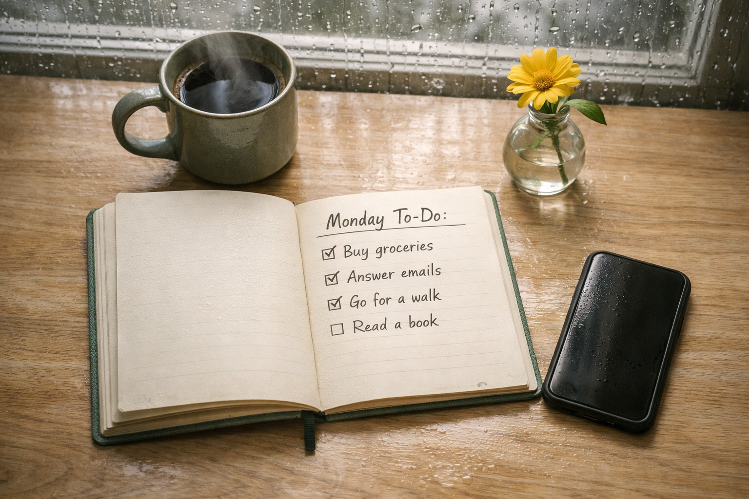 Monday morning to-do list in an open journal beside a steaming coffee mug and yellow flower, phone face-down on a wood table