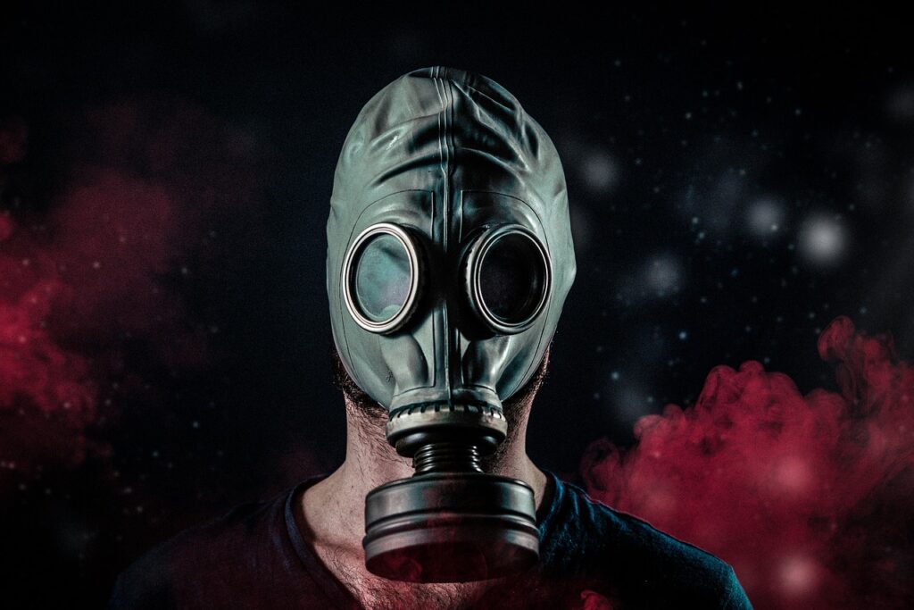 Person wearing gas mask as protection from toxic positivity