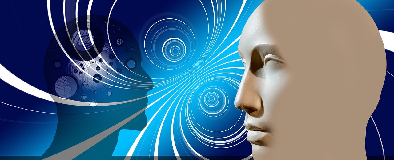 Positive Self Talk - an artistic view of a face talking to its shadow - surrounded by positive vibes in a blue and white background