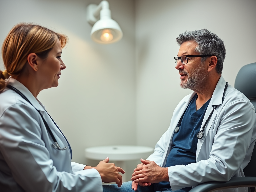 Two people discussing health in a medical setting