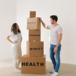 man and woman standing near boxes with labels