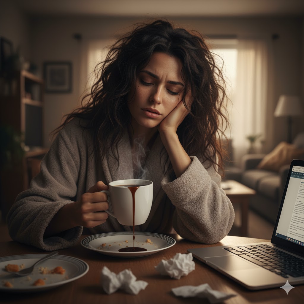 Tired woman with a morning routine that doesn't work.