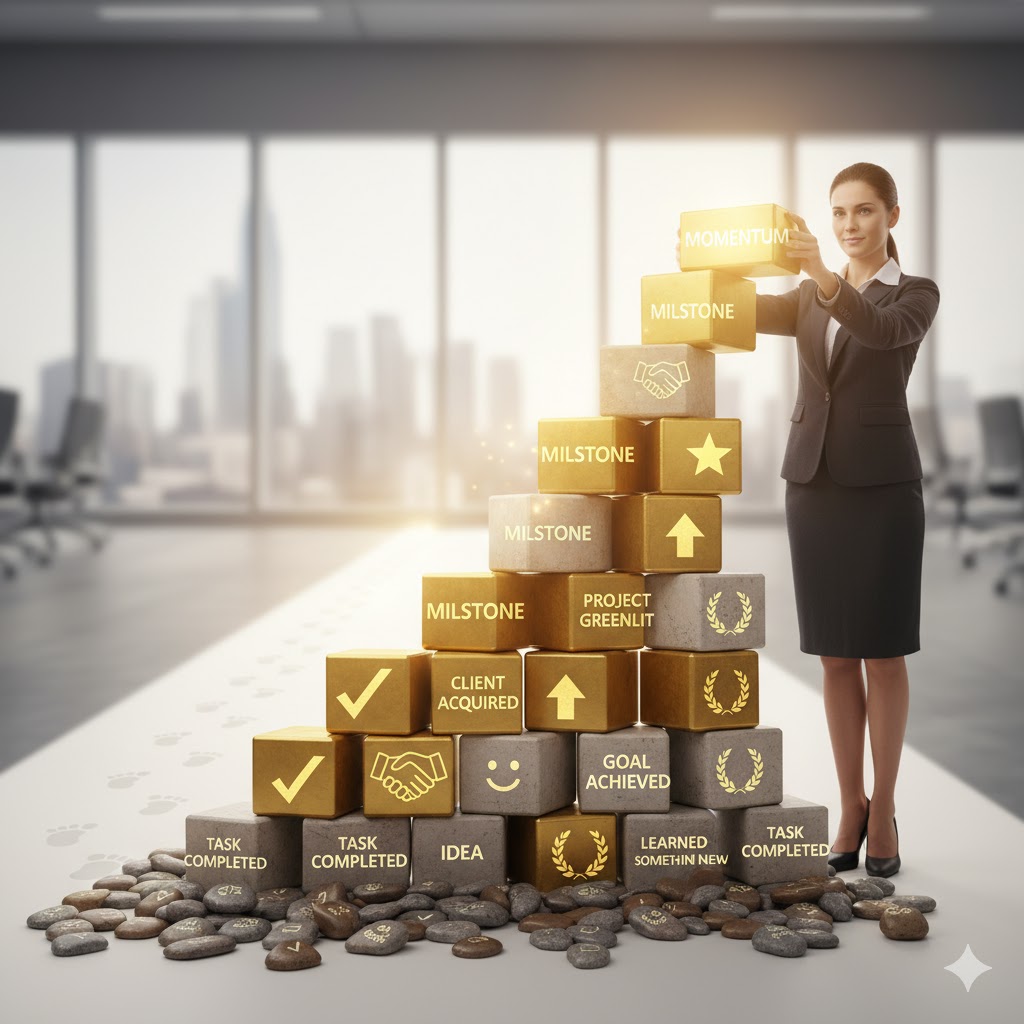 A woman in a skirt-suit stacking small wins to succeed at a bigger project
