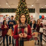 happy woman in red sweater and plaid scarf holiday shopping in crowd of frazzled last-minute shoppers