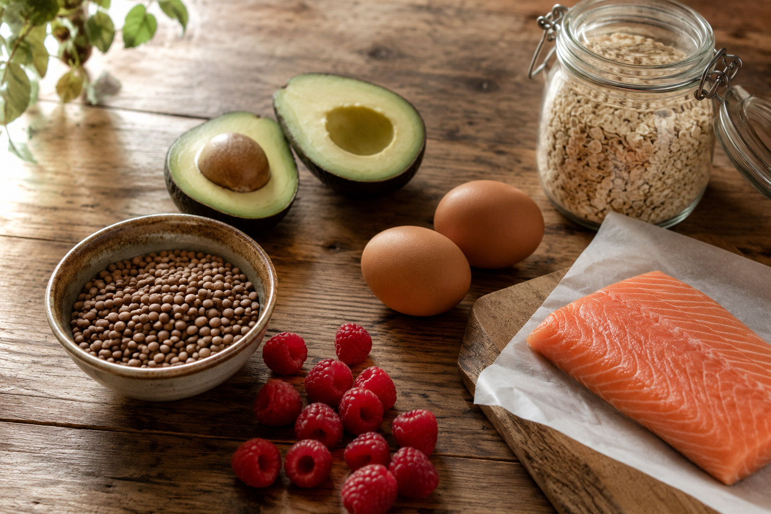 Whole foods that naturally support GLP-1 release, including avocado, eggs, lentils, salmon, raspberries, and oats, arranged on a rustic wood surface.
