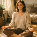 Woman practicing mindfulness meditation at home on a warm sunny morning