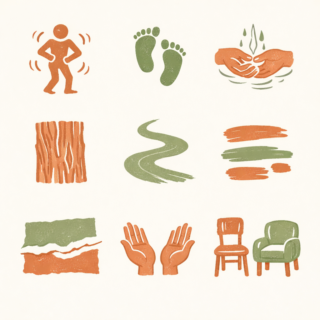 Nine hand-drawn icons representing outside-the-box mental wellness practices including movement, walking, grounding, nature textures, art, and perspective exercises