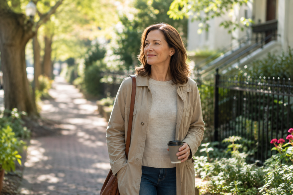 A middle-aged woman walking comfortably on a tree-lined neighborhood path, holding a coffee cup and smiling, representing the ease of natural weight loss and improved mobility.