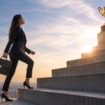 Businesswoman in a suit climbing outdoor stairs toward a golden trophy at sunrise, symbolizing the climb toward achieving goals with confidence