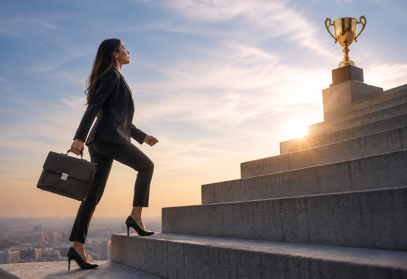 Businesswoman in a suit climbing outdoor stairs toward a golden trophy at sunrise, symbolizing the climb toward achieving goals with confidence