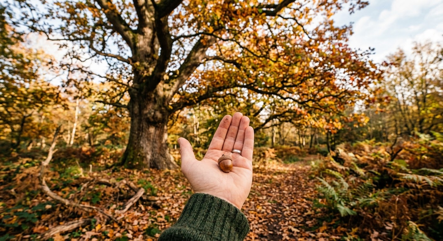 A hand holding a tiny acorn in front of an ancient oak tree