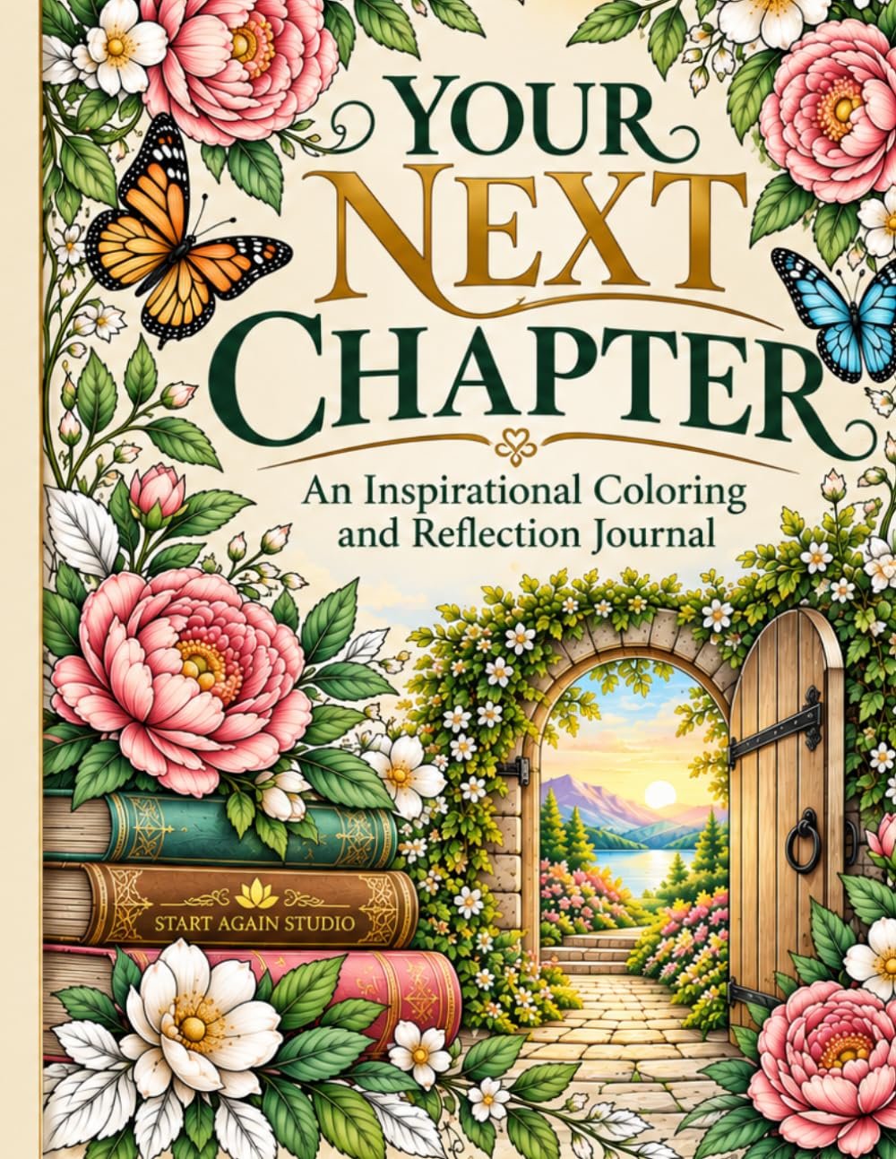 Discover *Your Next Chapter* by Start Again Studio, a coloring and reflection book with intricate floral designs and encouraging words to inspire creativity, self-care and new possibilities.
