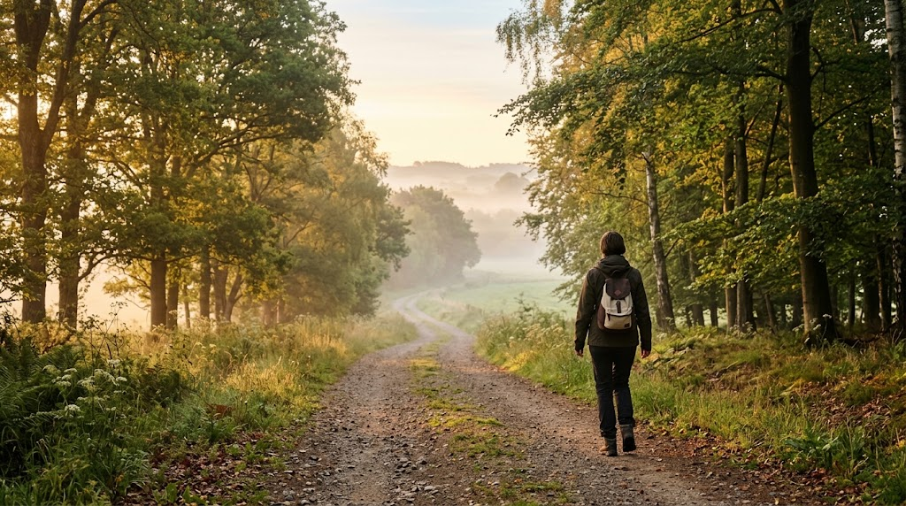 Person taking a calm morning walk, illustrating daily habits for mental resilience