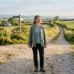 Woman in a sage-green jacket holding a notebook stands at a countryside crossroads in soft morning light, looking calmly toward the path ahead