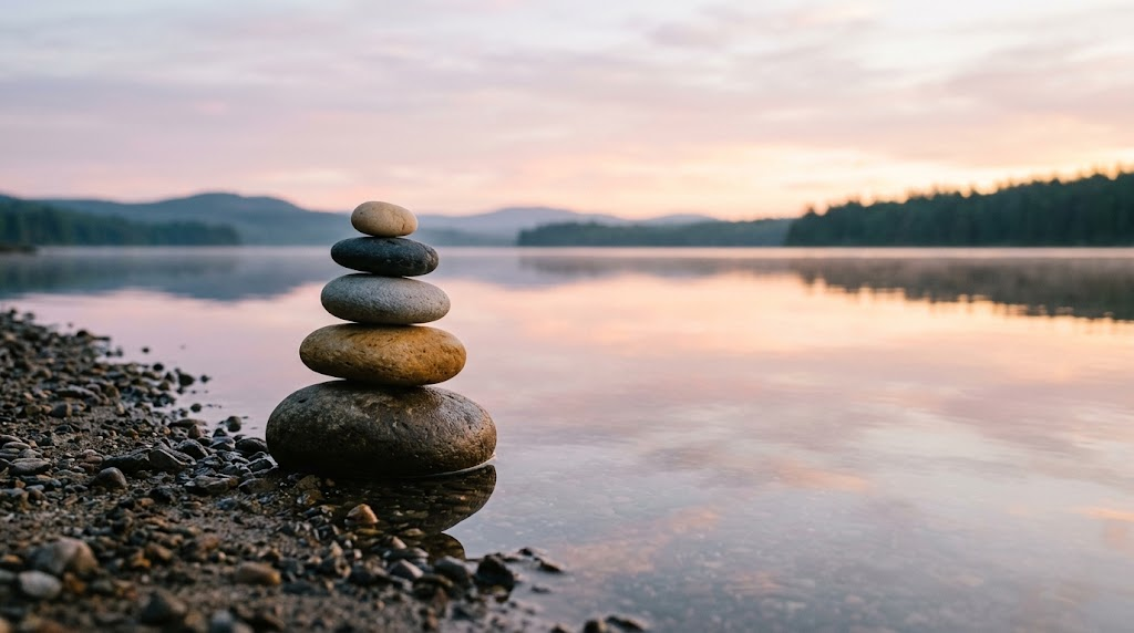 Stack of smooth balanced stones on a quiet lake shore at sunrise, with pink clouds reflected in calm water