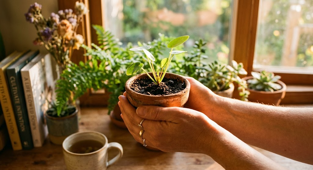 Hands cradling a small potted plant in warm sunlight, symbolizing personal growth and intentional living