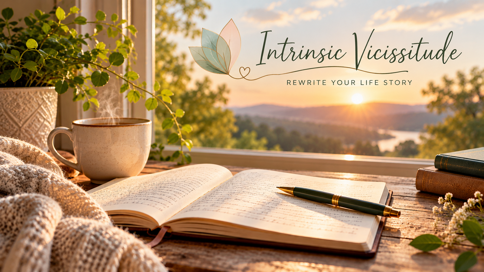 Open journal beside a window overlooking a sunlit landscape, representing reflection, personal growth and new beginnings.