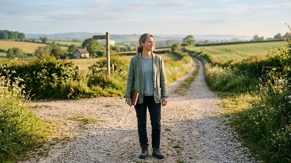 Woman in a sage-green jacket holding a notebook stands at a countryside crossroads in soft morning light, looking calmly toward the path ahead